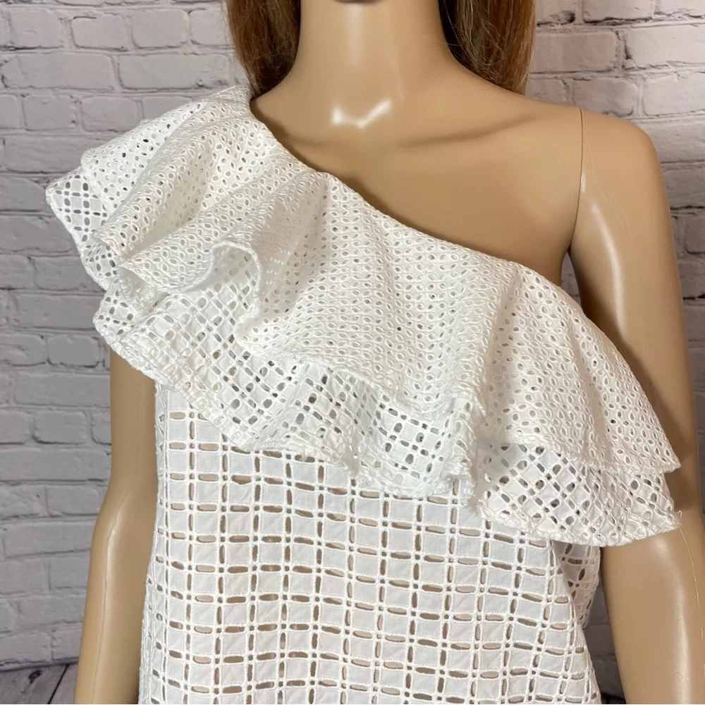 J. Crew White One-Shoulder Ruffle Eyelet Cotton Top Size 2